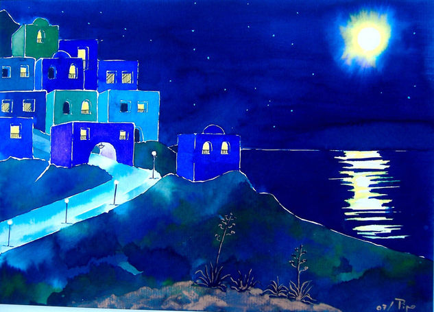 noche de luna y mar Watercolour Paper Landscaping