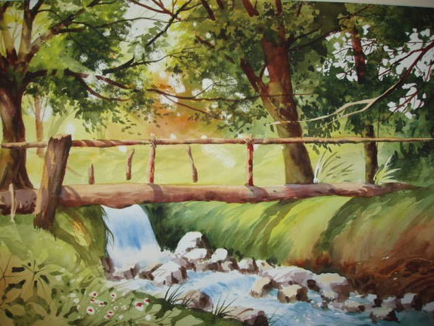 PUENTE SOBRE ARROYO Acuarela Papel Paisaje