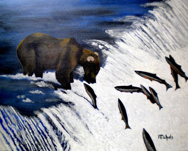 Un ours brun en train d´attraper des saumons Acrylic Canvas Animals