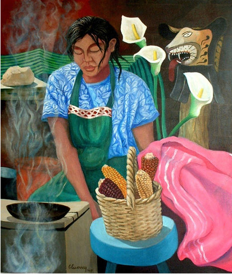 Mujer indígena cocinando (México) Oil Canvas Figure Painting