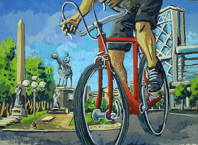 Bici roja Gouache Paper Landscaping