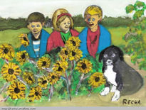 Niños entre girasoles