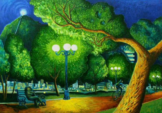 Plaza nocturna. Parque Balmaceda. Óleo Lienzo Paisaje