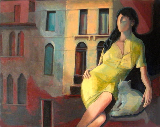 mujer con gato Oil Canvas Figure Painting