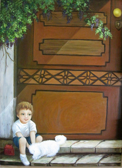 ESPERANDO A MAMA. Oil Canvas Figure Painting