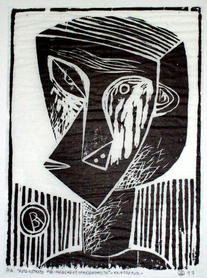 "Autoretrato Pós-Neo-Cubo-Expressionista" Woodcut