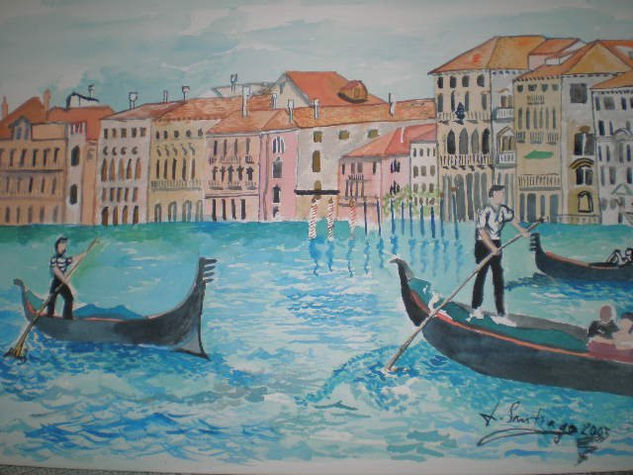 Venecia en gondola Acuarela Otros Paisaje