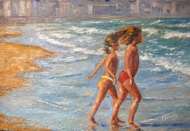 Niñas en la playa Oil Canvas Marine Painting