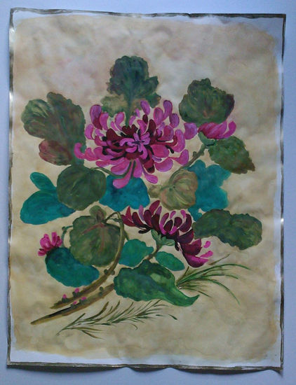 CRISANTEMOS ROJOS Watercolour Paper Floral Painting