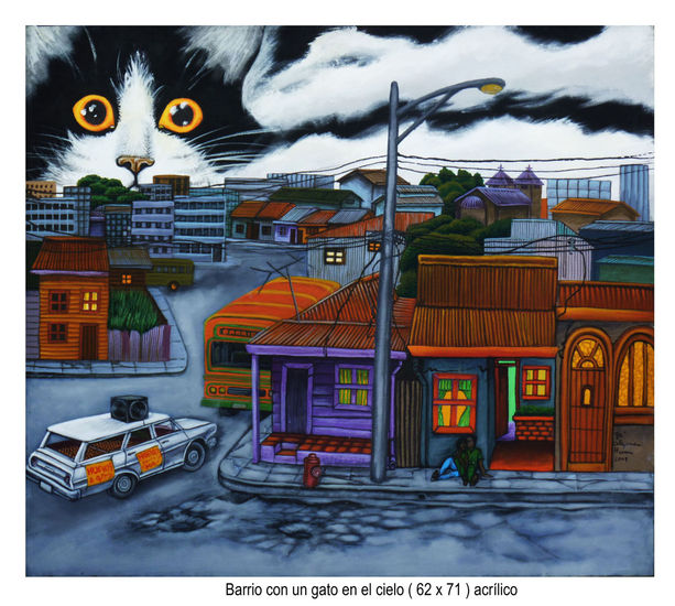 Barrio con gato al fondo. Acrylic Canvas Others