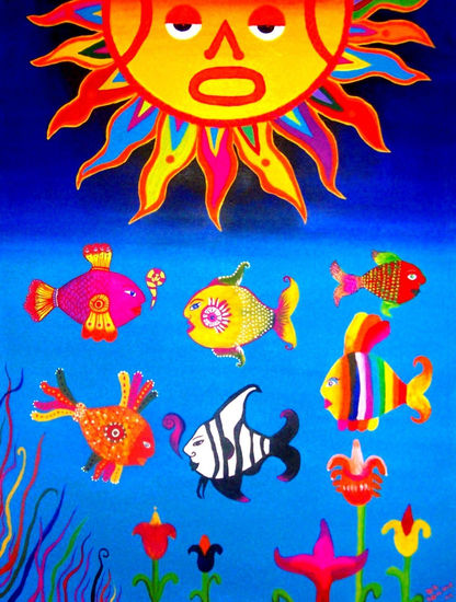 POLICROMIA DE SOL ENTRE PECES MAYAS Acrylic Canvas Others