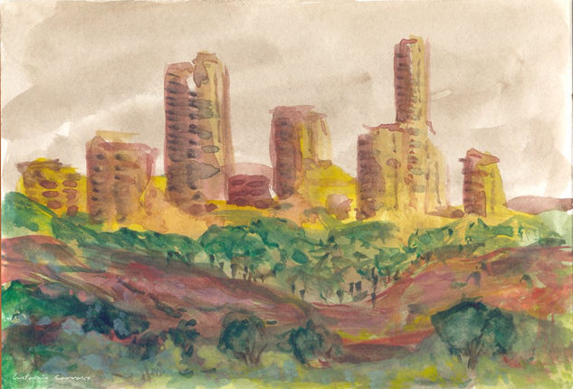 Edificios al fondo entre pinares y olivos Watercolour Card Landscaping