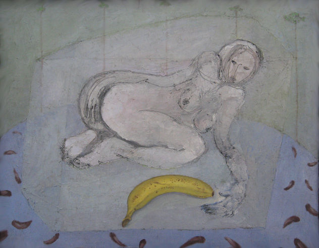 Mujer, plátano y piñones