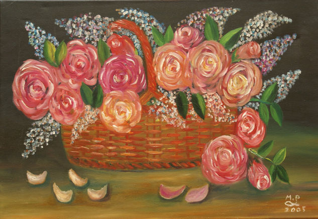 Canasto de rosas y lilas Oil Canvas Floral Painting