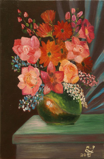 Jarrón de crisantemos y rosas Oil Canvas Floral Painting