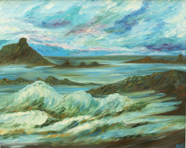 Un volcán en el mar Oil Canvas Marine Painting