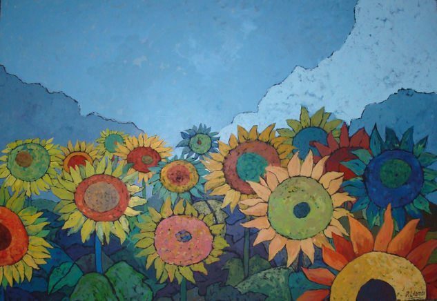 girasoles Gouache Tabla Paisaje