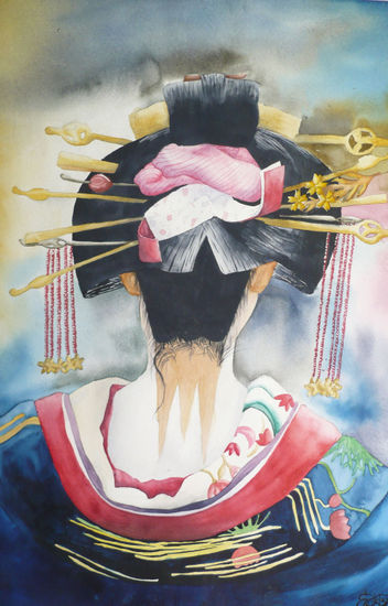 Geisha Acuarela Papel Figura