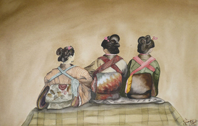 Tres Geishas Acuarela Papel Figura