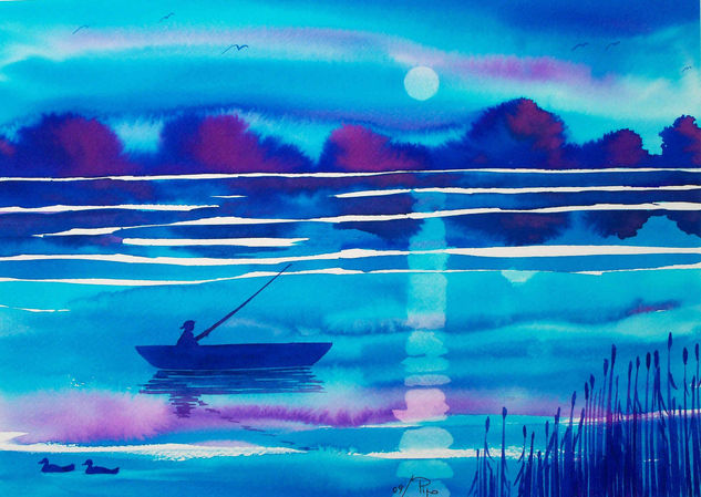 pescador en azules Acuarela Papel Paisaje