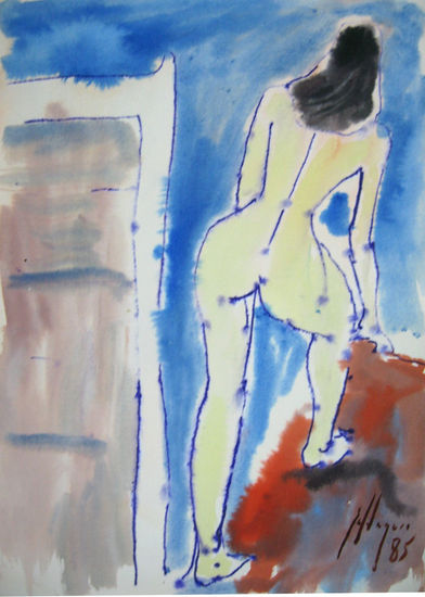 Mujer de espaldas con un pie sobre un escalón Watercolour Card Nude Paintings