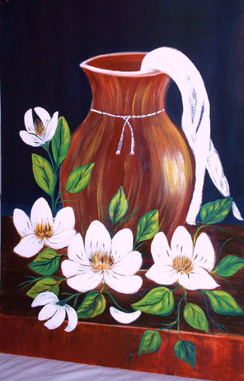 Tinaja y magnolias Oil Canvas Still Life Paintings