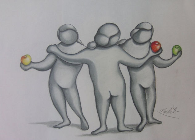 "Three Nudes with Apples" Charcoal