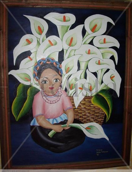 Niña con alcatraces Oil Panel Floral Painting