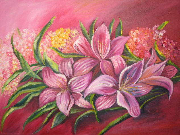 Lirios y Hortencias - Oleo Oil Canvas Floral Painting