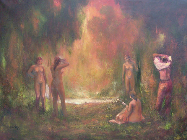 Bañistas en paisaje Oil Canvas Landscaping