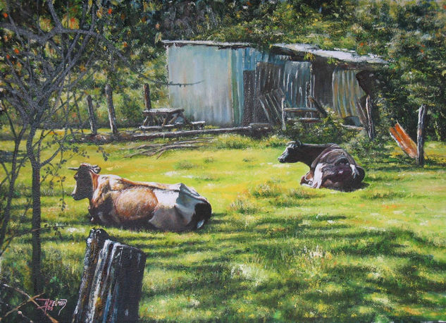 Vacas descansando Oil Textile Landscaping