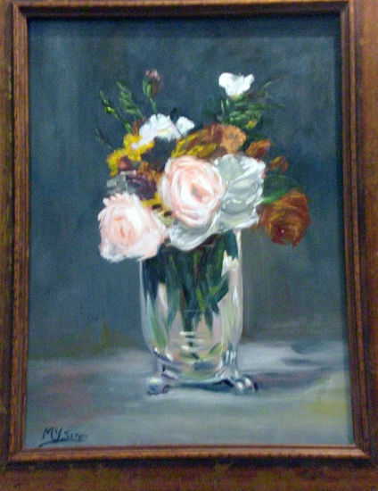 "Flores en cristal" Oil Panel Floral Painting