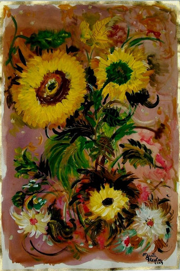 GIRASOLES AL VIENTO Mixed media Paper Floral Painting