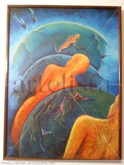 tres cuerpos naranja Oil Panel Figure Painting