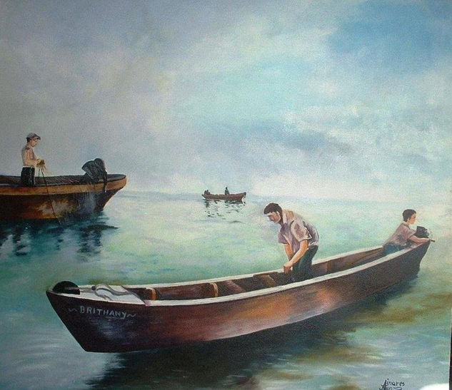 Pescadores en la niebla Óleo Lienzo Paisaje