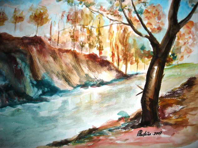 Paisaje con rio Pastel Papel Paisaje