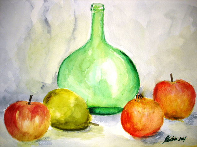 Garrafa de cristal y frutas Watercolour Paper Still Life Paintings