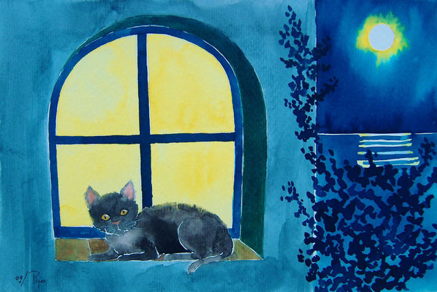 el gato en la ventana Watercolour Paper Animals