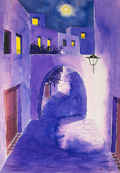 calle en una noche morada Watercolour Paper Landscaping