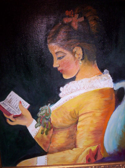 muchacha con el libro Oil Canvas Landscaping