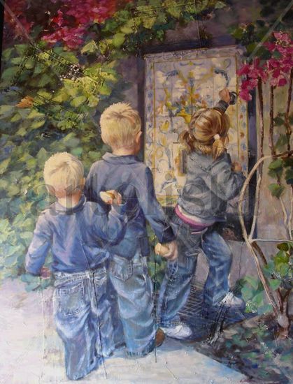 TRES EN LA FUENTE Oil Canvas Figure Painting