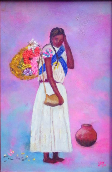 Vendedora de Flores Oil Panel Figure Painting