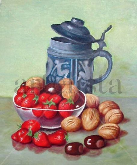 Jarro, nueces y fresas Oil Canvas Still Life Paintings