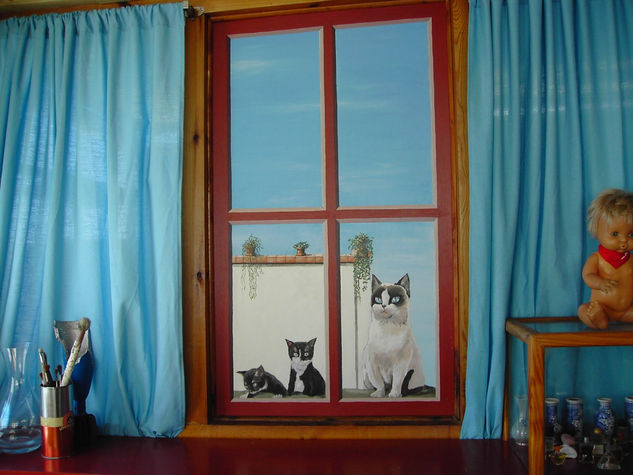 gatitos en la ventana Oil Canvas Landscaping