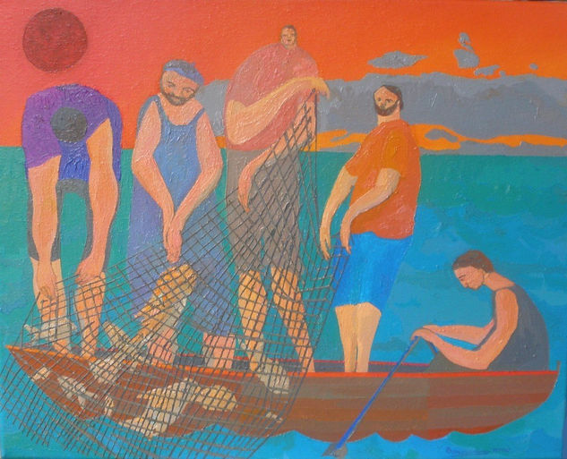 Pescadores de río Oil Textile Figure Painting