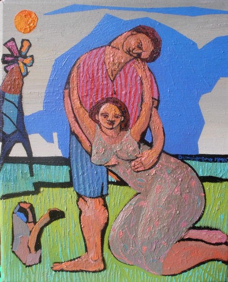 El abrazo Oil Textile Figure Painting