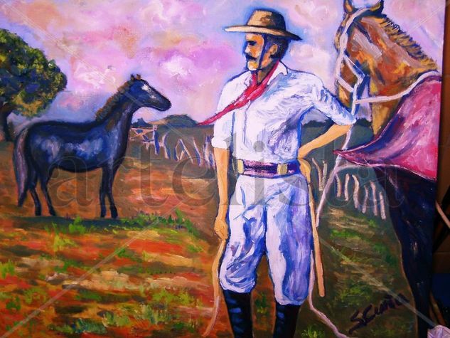 hombre, caballo viendo a Charrúa Girl Oil Canvas Landscaping