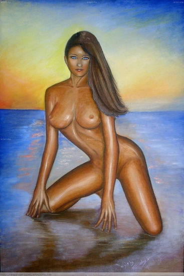 Kyla en un atardecer en la playa Óleo Lienzo Desnudos