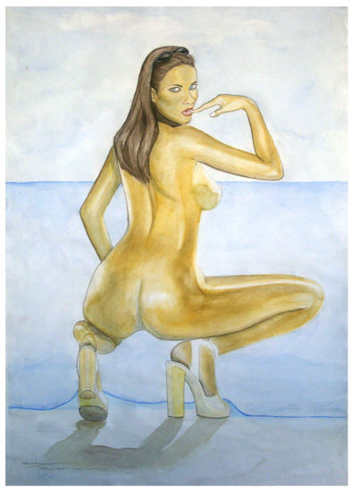 Kyla Cole en la playa Watercolour Paper Nude Paintings