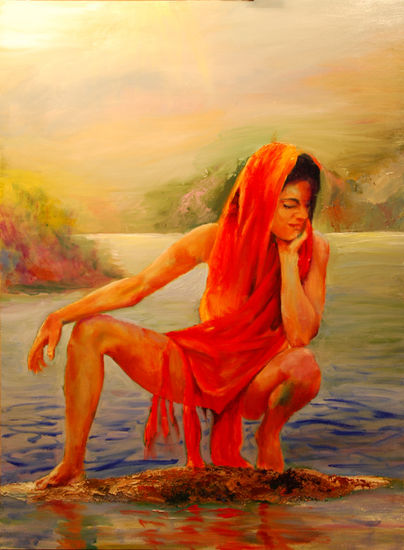 MUJER EN EL RÍO Oil Panel Figure Painting